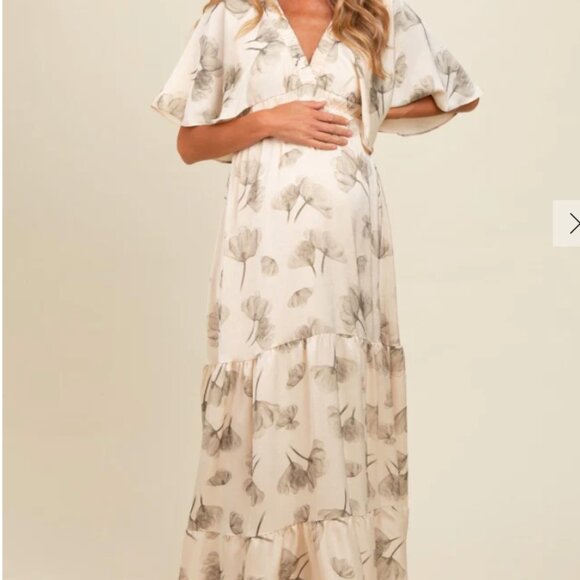 Cream Floral Deep V-Neck Maternity Maxi Dress - Picture 1 of 6